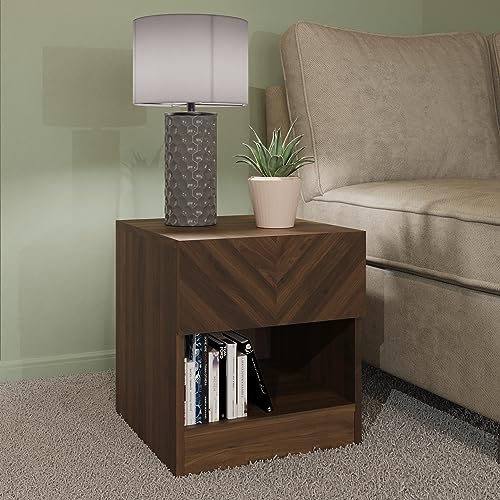 GFW Catania Lamp Table in Royal Walnut, Herringbone Effect Side Table with Drawer & Open Shelf for Living Room or Bedroom