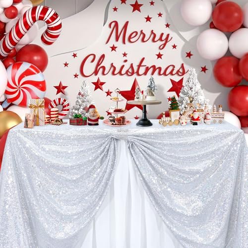 B-COOL Silver Sequin Tablecloth Fabric Parties: Laser Glitter Birthday Table Cloth Sparkly Iridescent Shimmer Rectangle 90x156 Inches Cloths Decorations for Party Supplies Event Wedding Decor