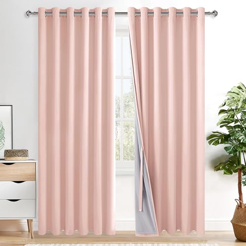 XWZO 100% Blackout Curtains 2 Panels with Tiebacks- Exra Wide Thermal Insulating and Full Light Blocking Window Curtains with Black Liner for Children Room, Grommet, Blush Pink, W70 x L84, Set of 2