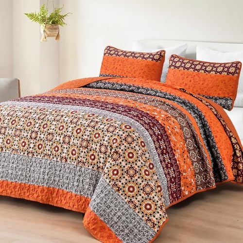 WONGS BEDDING Boho King Size Bedspread Set for Autumn, Orange (Burnt Orange) Bohemian Striped Patchwork Bedspread Set with 2 Pillowcases, Lightweight Microfiber Floral Bedding Set, 264 x