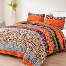 WONGS BEDDING Boho King Size Bedspread Set for Autumn, Orange (Burnt Orange) Bohemian Striped Patchwork Bedspread Set with 2 Pillowcases, Lightweight Microfiber Floral Bedding Set, 264 x