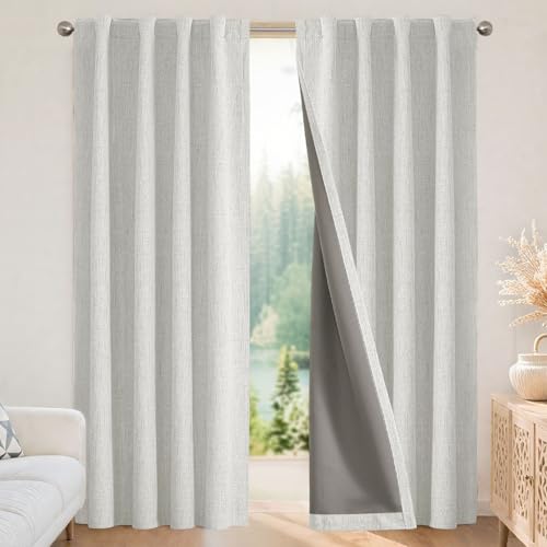 Joydeco 100% Black Out Curtains 108 inch Long 2 Panels Burg Natural Blackout Linen Drapes for Bedroom Living Room Darkening Curtain Thermal Insulated Back tab Rod Pocket(37x108inch,Greyish White)