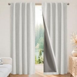 Joydeco 100% Black Out Curtains 108 inch Long 2 Panels Burg Natural Blackout Linen Drapes for Bedroom Living Room Darkening Curtain Thermal Insulated Back tab Rod Pocket(37x108inch,Greyish White)