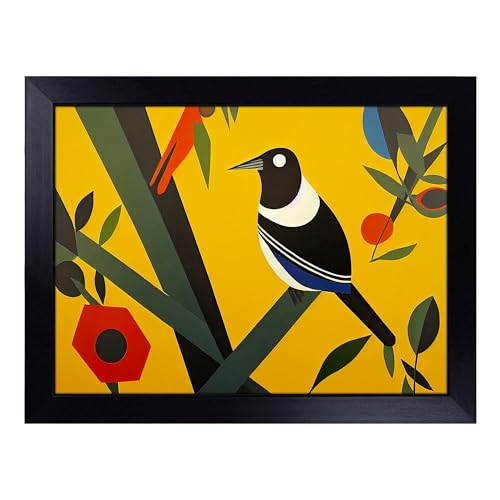 Lap Tray with Bean Bag Cushion, Magpie Bird Abstract - Handmade in the UK, Raised Wooden Edge, Padded Cushion, Heat-Resistant Wipe-Clean Surface, for Meals, Laptops and Crafts