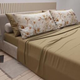 PETTI Artigiani Italiani - Double Bed Sheets Cotton with Pillowcases in Digital Print, Double Bed Sheet, Floral Pattern 12 Taupe, 100% Made in Italy