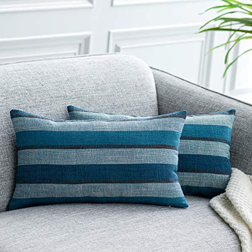 Natus Weaver 2 Pieces Decorative Classic Retro Stripe Throw Pillow Cover Soft Faux Linen Modern Farmhouse Lumbar Cushion Case for Sofa Bedroom Car 12 x 18 Inch Multi Blue