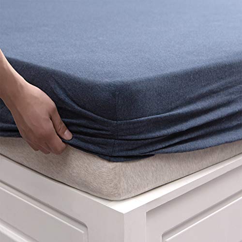 "PURE ERA Jersey Knit Cotton Fitted Bottom Sheet ONLY (No Flat Sheet or Shams) Deep Pocket Up to 15"" to 20"" Ultra Soft Comfy Breathable Heathered Navy Blue Queen"