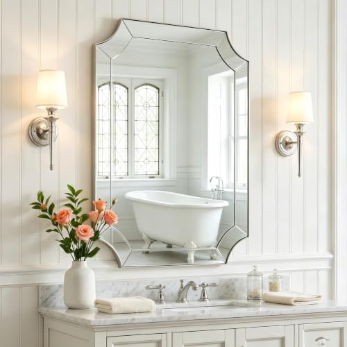 MOON MIRROR 22x30 Scalloped Mirror, Brushed Nickel Bathroom Vanity Mirror, Silver Curved Designed Mirror in Stainless Steel, Ideal for Bathroom, Living Room, Entryway