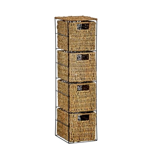 Home Source Bathroom Chest of Drawers, 4 Natural Seagrass Storage Baskets, Black Metal Frame, 65cm