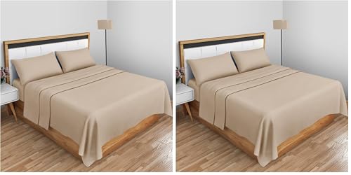 Non Iron Percale Flat Sheet King Size- Polycotton Anti Wrinkle Hotel Quality Bed Sheets- Luxury Bedding Plain Dyed Flat Sheet- Natural (Pack of 2)