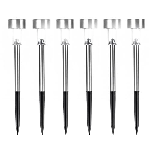 Status Solar Stake Lights, Pack of 6 Stainless-Steel 5.5cm White-LED Garden Path Lamps, IP44 Weatherproof with Rechargeable Batteries Included (MELBOURNESS6PK3)