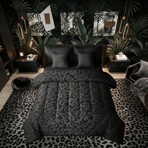 Erosebridal Black Ombre Grey Leopard Print 7 Piece Bedding Set Twin - Animal Skin Pattern Comforter Set with Sheets Women Men Adults Bed in A Bag Cheetah Fur Bed Sets