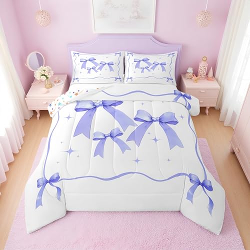 Erosebridal Girls Purple Ribbon Bow Twin Comforter Set - Cute Coquette Bow Tie Bedding Sets for Kids Teen, Princess Bowtie Bed Set, Kawaii Preppy Bows Room Decor, 1 Pillowcase