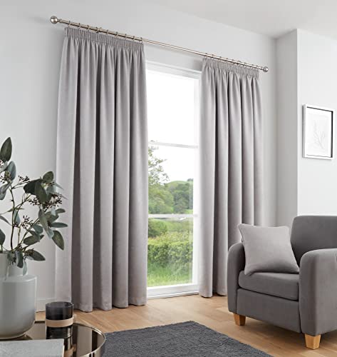 "Fusion Silver Curtains W46 x L54"" (117 x 137cm) – 100% Cotton Pencil Pleat – Thermal & Soundproof Bedroom Drapes – 2 Panels – Light Grey Window Treatment"