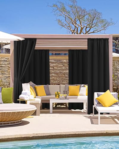 Outdoor Curtains for Patio Waterproof Rod Pocket 4 Pcs 54x84 Inch Black - Weatherproof Privacy Screens, Built-In Top Slots, Multipack Shading Ideal For Porch, Gazebo, Backyard Or Balcony