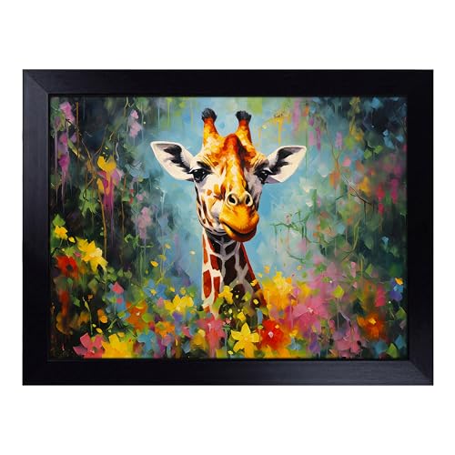 Lap Tray with Bean Bag Cushion, Giraffe Impressionism - Handmade in the UK, Raised Wooden Edge, Padded Cushion, Heat-Resistant Wipe-Clean Surface, for Meals, Laptops and Crafts