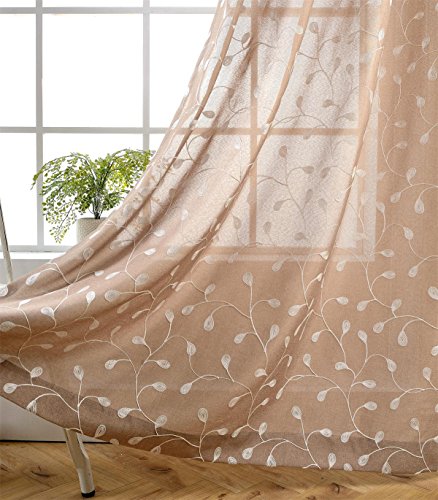 MIUCO Floral Embroidery Semi Sheers Curtain Faux Linen Grommet Window Curtains for Office 52 x 95 Inch 2 Panels, Taupe