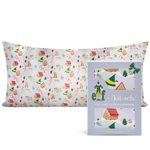 Elf x Kitsch Satin Pillowcase - Softer Than Silk Pillowcase for Hair & Skin - Cooling Satin Pillowcases with Zipper - Satin Pillow Case Cover - Pillow Cases King Size (Periwinkle Christmas)