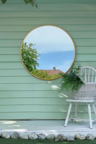 "MirrorOutlet The Fenestra - Gold edged Modern Round Circular Garden Wall Mirror 35"" X 35"" (90CM X 90CM) Silver Mirror Glass with Black Metal Frame"