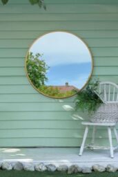 "MirrorOutlet The Fenestra - Gold edged Modern Round Circular Garden Wall Mirror 35"" X 35"" (90CM X 90CM) Silver Mirror Glass with Black Metal Frame"