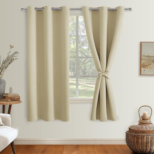 Hiasan Blackout Curtains for Bedroom, 42 x 63 Inches Length - Thermal Insulated & Light Blocking Window Curtains for Living Room/Kids Room, 2 Drape Panels Sewn with Tiebacks, Light Beige