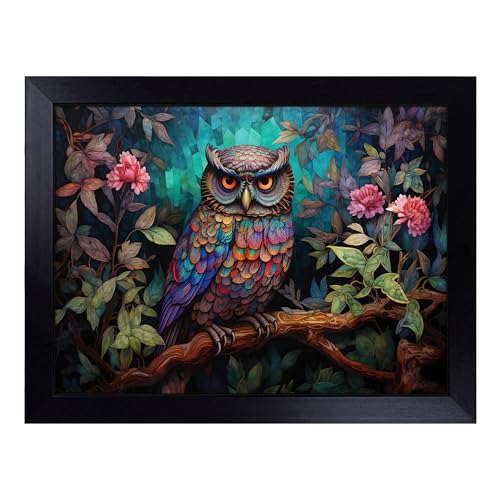 Lap Tray with Bean Bag Cushion, Owl Art Deco - Handmade in the UK, Raised Wooden Edge, Padded Cushion, Heat-Resistant Wipe-Clean Surface, for Meals, Laptops and Crafts