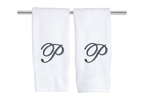 White Monogrammed Hand Towels for Bathroom - Luxury Hotel Quality Personalized Initial Embroidered Towel for Powder Room, Spa - GOTS Organic Certified - Set of 2 Dark Gray Letter P