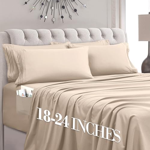 Mocassi Luxury 6-Piece Sheet Set, Ultra Soft 1800 Premium Hotel Quality Microfiber Sheet Set, Fits Mattresses Up to 18 to 24 Inches Extra Deep Pocket - Breathable and Secure Fit, Queen, Cream