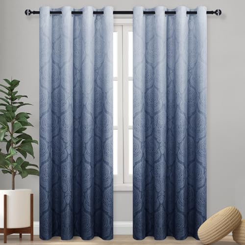 DWCN Navy Ombre Room Darkening Curtains for Living Room - Damask Patterned Thermal Grommet Drapes for Bedroom,Office, 1 Pair Gradient Window Curtain Panels, 52 x 84 Inch Length Long
