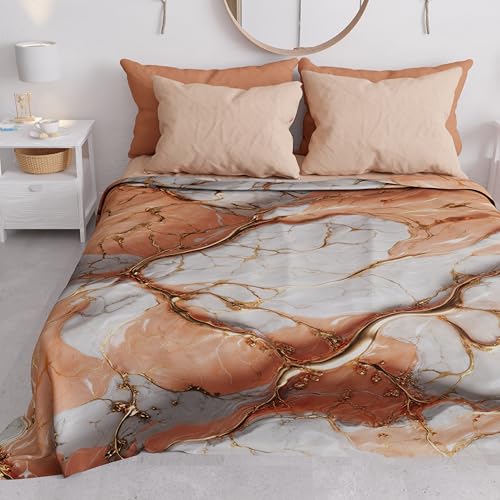 PETTI Artigiani Italiani - Double Bedspread Spring Summer Light Blanket Double Bed Sheet Salmon Marble 100% Made in Italy