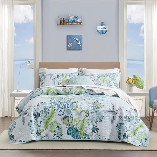 Tritard 3 Piece Coastal Beach Quilt Set King Size Ocean Beach Themed Bedding Set Microfiber Lightweight Bedspread Coverlet with 2 Shams Starfish Coral Seashell Bed Covers for All Season, 106''x96''