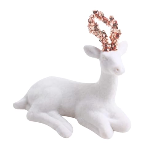 Christmas Velvet Sitting Deer Figurine 19cm - White Flocking Reindeer Ornament with Sequin Glitter Antlers - Festive Table Decoration for Mantel, Shelf, Centerpiece and Home Décor