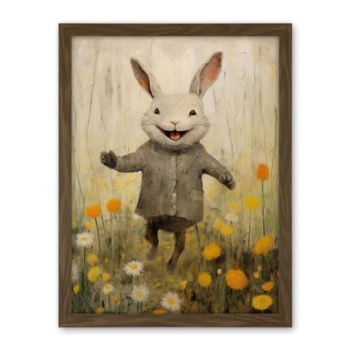 Artery8 Raincoat Rabbit Happy Bunny Flower Meadow Kids Girls Bedroom Nursery Artwork Framed Wall Art Print 18X24 Inch