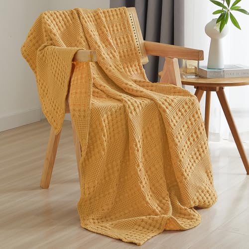 "PHF 100% Cotton Waffle Weave Throw Blanket - Luxury Decorative Soft Breathable Skin-Friendly Blanket for All Season - Perfect Textured Blanket for Couch Bed Sofa 50""x60""-Ginger"