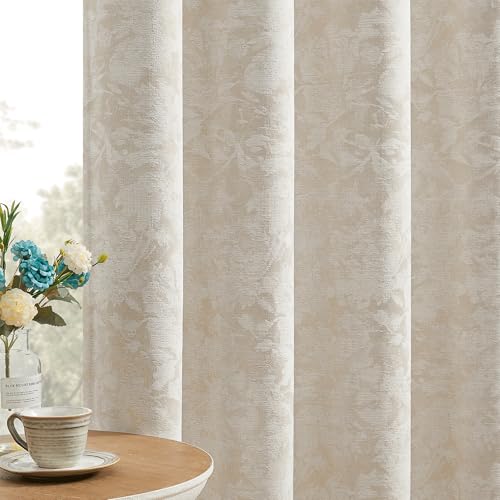Beauoop Beige Floral Jacquard Blackout Curtains for Bedroom 52x120 2 Panels - Flower Chenille Room Darkening Drapes for Living Room 120 Inch Long Thermal Insulated Soundproof Window treatment Grommet
