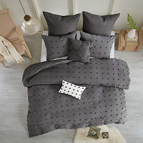 URBAN HABITAT Duvet Set 100% Cotton Jacquard Tufts Accent Shabby Chic All Seasons Duvet Cover Matching Shams Decorative Pillows King (264 x 233 cm), Charcoal