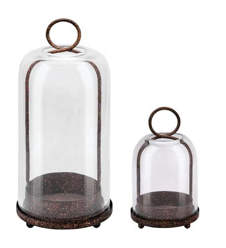 "5"" & 4"" Wide Versatile Metal Candle Holder in Rustic Brown with Handmade Thick & Sturdy Glass Dome Cover for Pillar Candle & Plants, Farmhouse, Shabby Chic Style (2, Brown, Large & Small)"