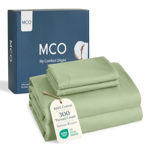 "MCO 100% Cotton Sheet Set, 300 Thread Count Cotton Queen Sheet Set, 16"" Deep Pocket, Breathable Cooling Sheets 4 Pieces (Queen, Green)"