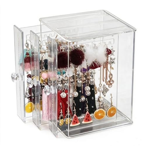 Sooyee Clear 3 Vertical Drawer Earring Display Stand Organizer(216 Holds 108 Pairs), Jewelry Hanger Storage Box
