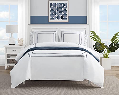 Nautica Soft Bedding with Matching Sham, Embroidered Hotel-Inspired Home Decor, Cotton Blend, Alden Navy, Queen