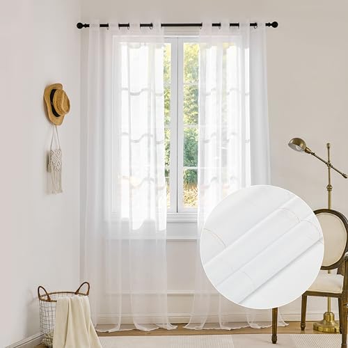 MISSTIAM Foil Stripe White Sheer Curtains 96 inches Length 2 Panels with Grommets 52 inches Widith, Semi Transparant Curtains for Living Room and Multiple Rooms, Light Filtering Window Treatment