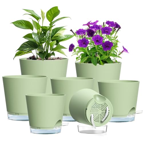 "Meowell Self Watering Pots Set of 7 ??? Assorted Size 4"" to 8"" Indoor Plant Pots with Drainage Holes and Clear Reservoir for Visible Water Level, Plastic Wicking Planter for House Plants & Flower, Green"