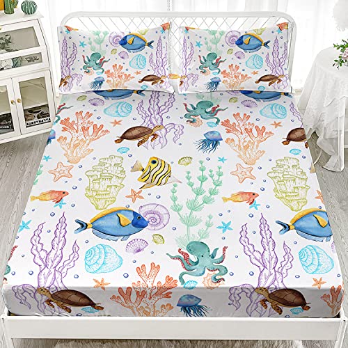 XYNHML Sea Turtle Fitted Sheet Tropical Fish Marine Life Bed Set Reptile Sea Animals Wildlife Bed Cover for Teens Adult Includes 1 Fitted Sheet,2 Pillowcases