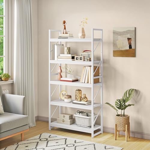 YITAHOME Bookcase 5 Tiers, Large Bookshelf, Wooden Shelf and Metal Frame, Industrial Shelving Unit, Floorstanding Storage Rack, for Living Room, Home Office, White Book shelves