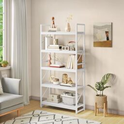 YITAHOME Bookcase 5 Tiers, Large Bookshelf, Wooden Shelf and Metal Frame, Industrial Shelving Unit, Floorstanding Storage Rack, for Living Room, Home Office, White Book shelves