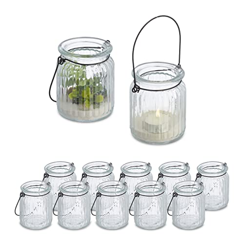 Relaxdays Candle Lanterns, Set of 12, Glass, with Handle, Indoors & Outdoors, Tealight Holders, 9.5 x 8 cm, Clear/Black
