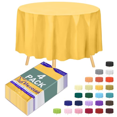 Hereisa Yellow Disposable Plastic Tablecloth Round 84 Inch - 4 Pack Waterproof Party Table Cover for Dining, Wedding, Outdoor Events