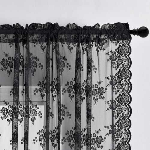 Kotile Black Lace Curtains 45 Inch Length 2 Panels, Country Rustic Floral Gothic Sheer Curtains for Kitchen Window, Rod Pocket Vintage Privacy Sheer Lace Curtain, 42 x 45 Inch Each, 1 Pair, Black