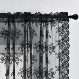 Kotile Black Lace Curtains 45 Inch Length 2 Panels, Country Rustic Floral Gothic Sheer Curtains for Kitchen Window, Rod Pocket Vintage Privacy Sheer Lace Curtain, 42 x 45 Inch Each, 1 Pair, Black