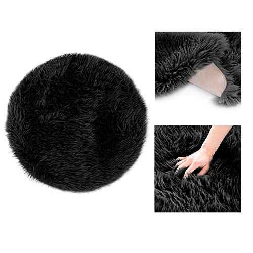 AmeliaHome Dokka Rug Lambskin Faux Fur High Pile Bedside Rug Diameter 45 cm Black